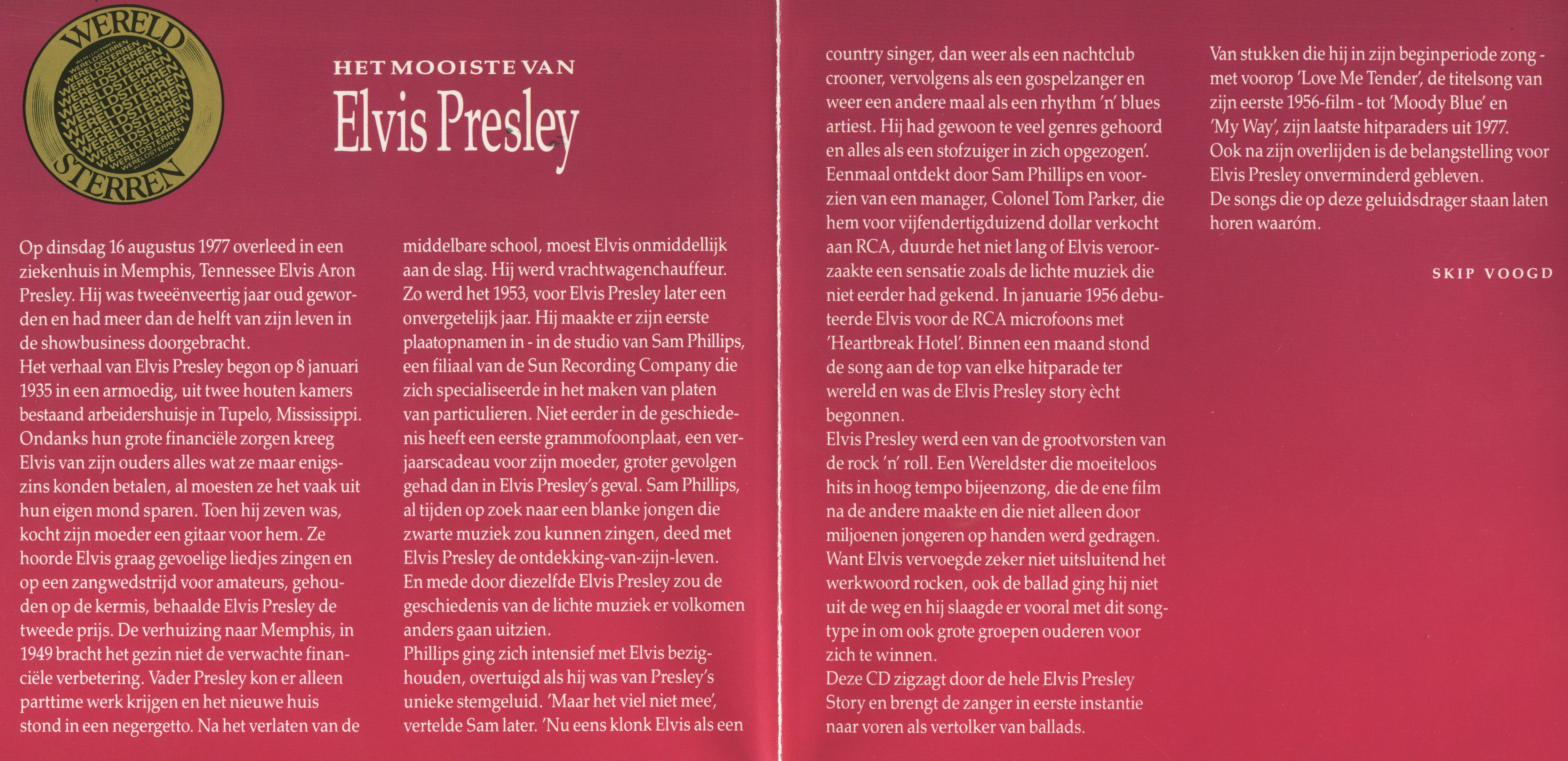 Elvis Presley  Wereld Sterren; Het Mooiste Van : Inlay